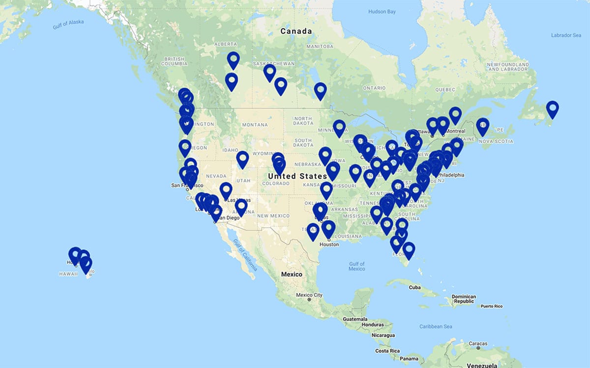 Map of North America Access locations