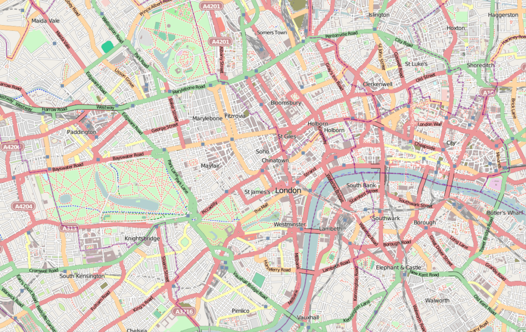 Open street map of central London.
