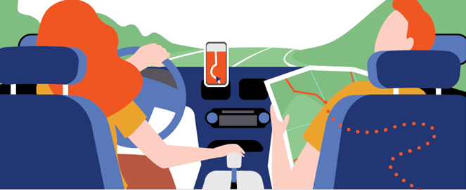 Illustration of a woman driving a car with directions from a GPS and a passenger with a roadmap.