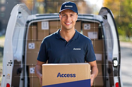 Access employee picking up box of documents as part of BCP plan